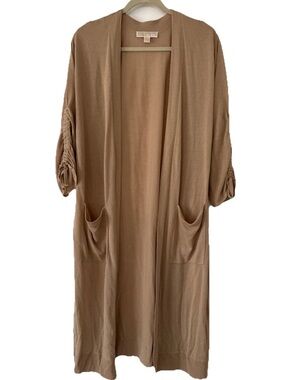 MICHAEL KORS KHAKI LONG CARDIGAN LIGHTWEIGHT SIDE SLITS RUCHED SLEEVES REG $120
